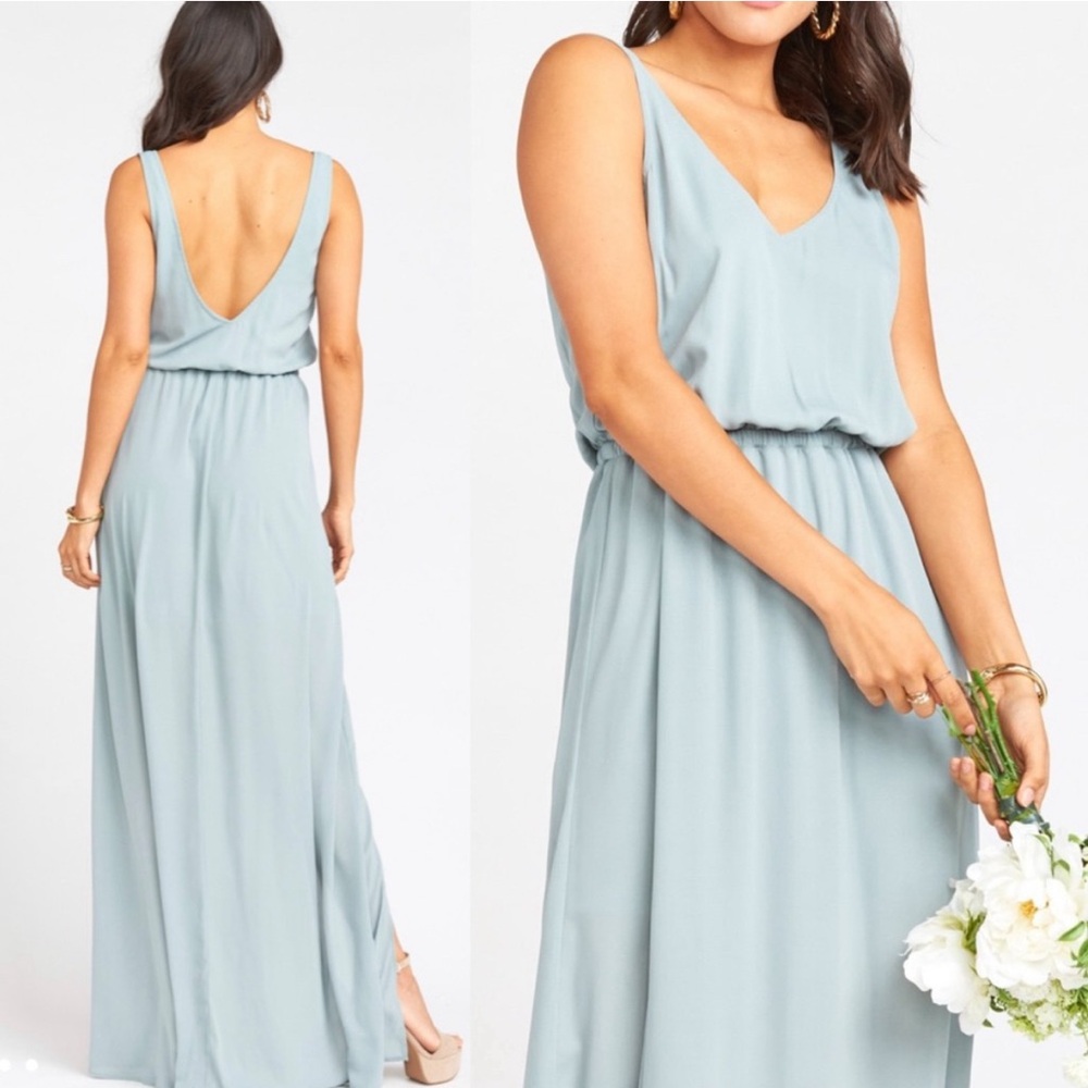 NWOT Show Me Your Mumu Kendall Vneck Chiffon Maxi in Silver Sage Blue/Green - Picture 3 of 9